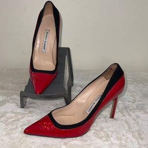 Authentic, Manolo Blahnik Red Patent Leather Black Suede Heels Sz. 38